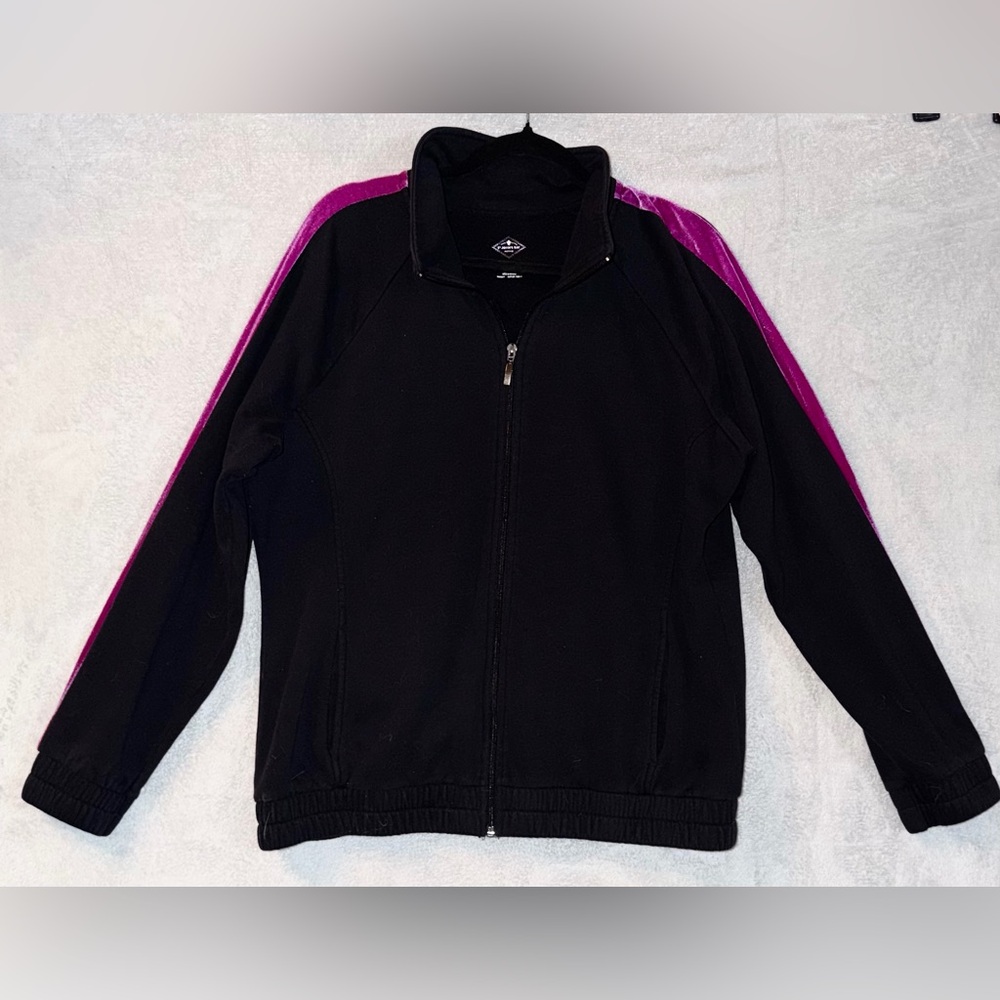 XL St. John’s Bay‎ Active Black W/pink Velvet Stripe Warm Up Jacket Full Zip